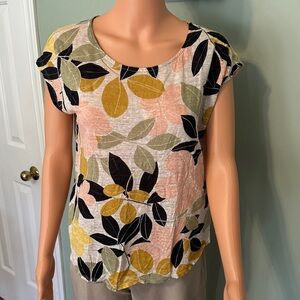 Rachel Zoe Multicolor Leaf Print 100% Linen Short Sleeve Top